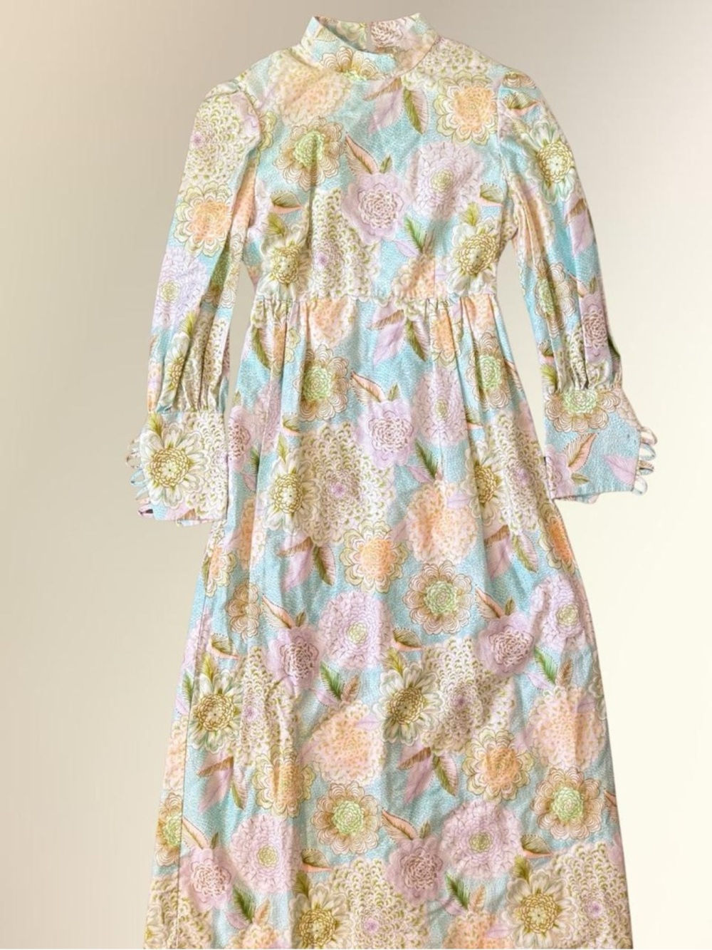 Pastel Floral High-Neck Maxi Dress in Light Blue & Purple
